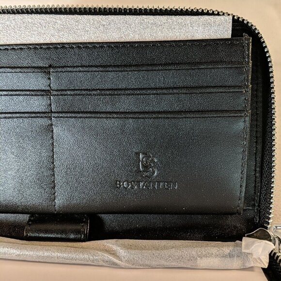 Bostanten Leather Zip Around Wallet Black RFID Blocking Pebbled Silver NWOT Card - Picture 5 of 11